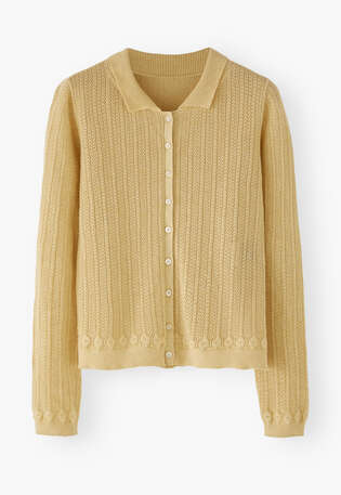 Lace-stitch collared cardigan, Butter yellow, webstill