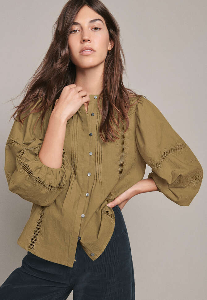 Lace-sleeve blouse, Green ochre, completeTheLook