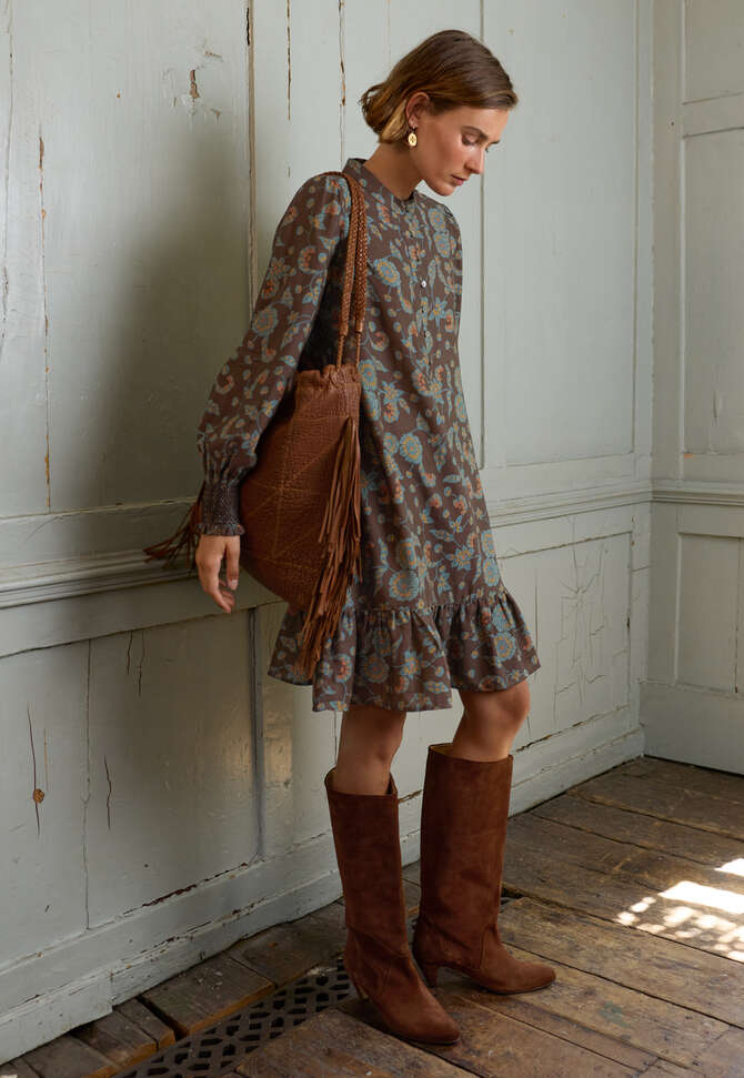 Printed dress, Chocolate denim, completeTheLook