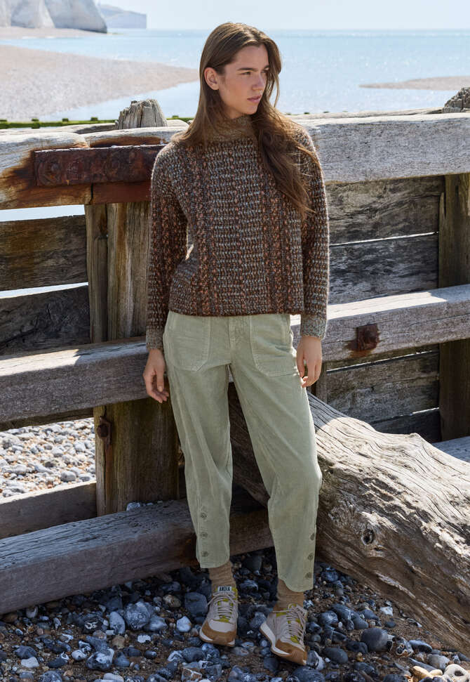 Funnel-neck boucl&eacute; sweater, Chocolate multi, completeTheLook