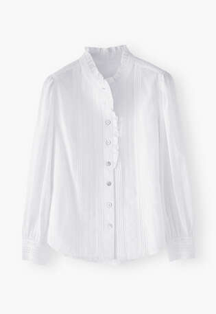 Ruffle-neck broderie blouse, White, webstill