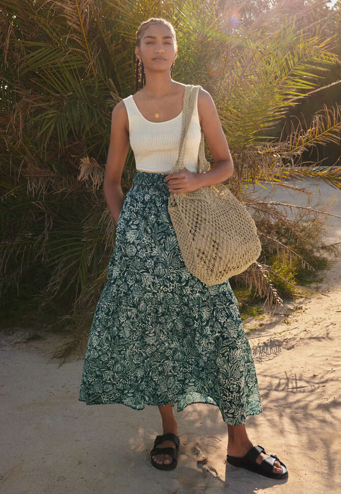 Printed tiered skirt, Teal, completeTheLook