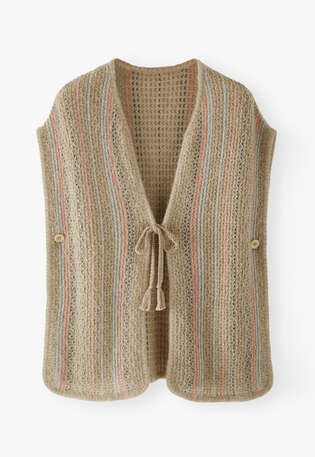 Striped garter-stitch poncho, Light khaki, webstill