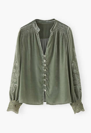 Velvet cutwork blouse, Sea green, webstill