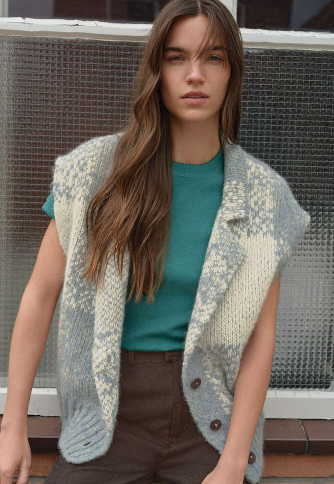 Sleeveless checked jacket, Blue stone, completeTheLook