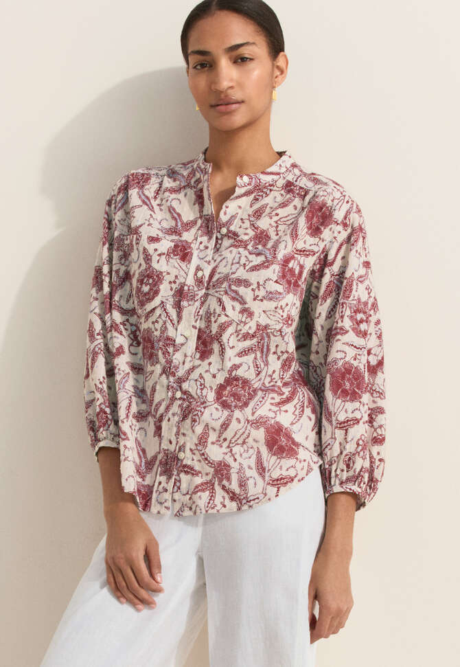 Collarless printed blouse, Ecru maroon, completeTheLook
