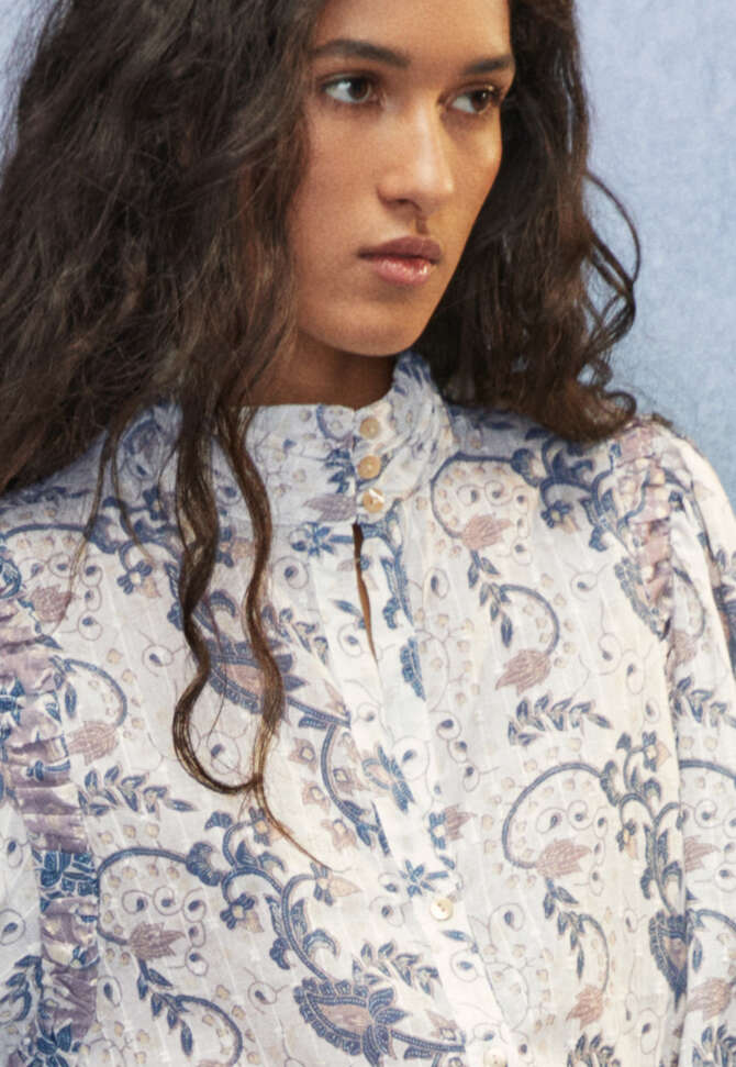 Printed high-neck blouse, Ecru mauve, completeTheLook