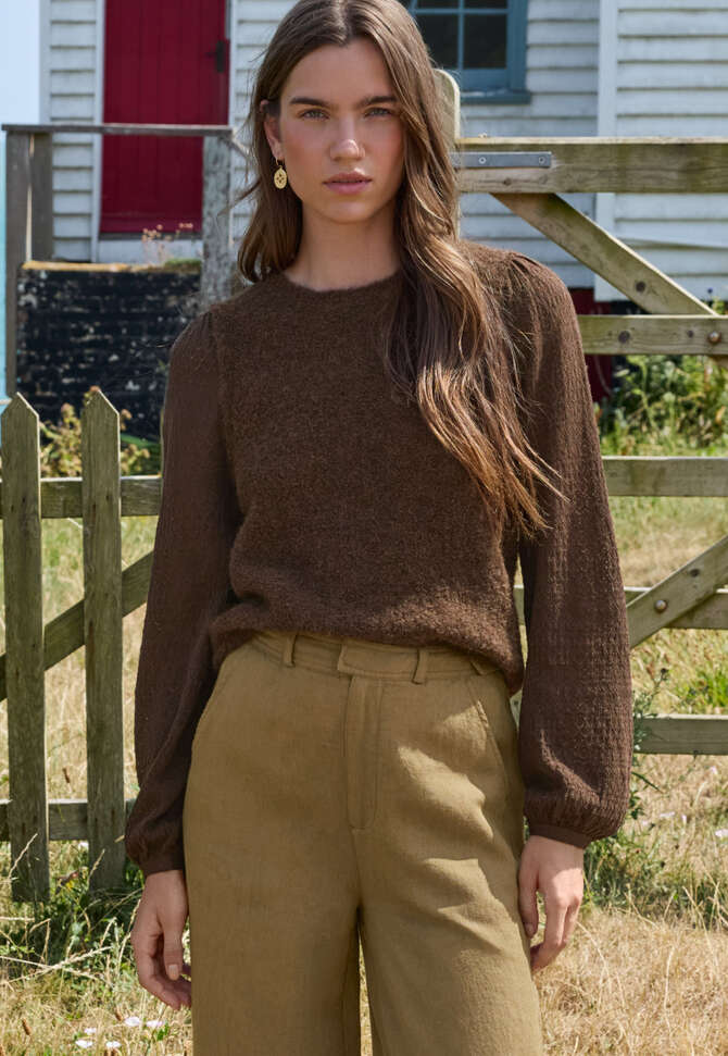 Pointelle-sleeve sweater, Dark chocolate, completeTheLook