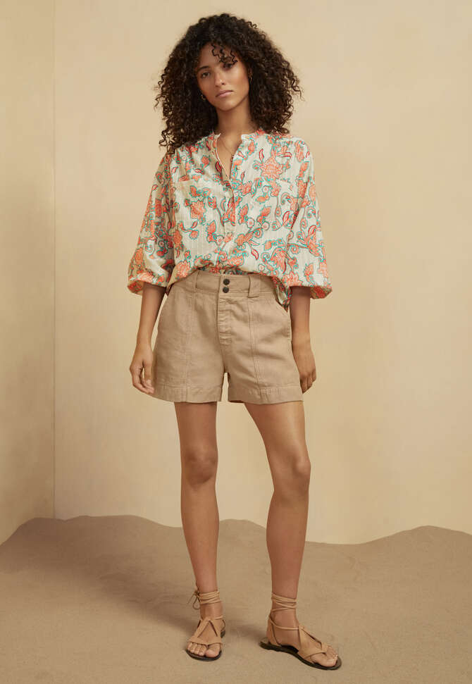 Collarless printed blouse, Ecru coral, completeTheLook