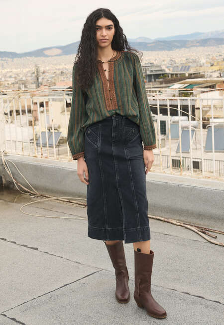 Crinkle stripe blouse, Forest coral, completeTheLook