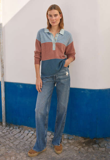 Piqu&eacute; striped rugby sweater, Denim terracotta, completeTheLook