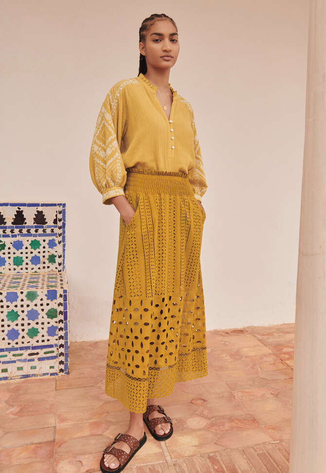 Broderie A-line skirt, Bright ochre, completeTheLook