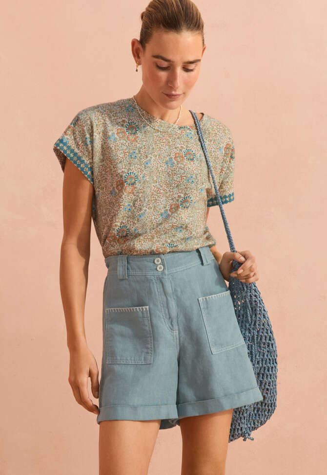 Printed embroidered-detail top, Khaki rust, completeTheLook