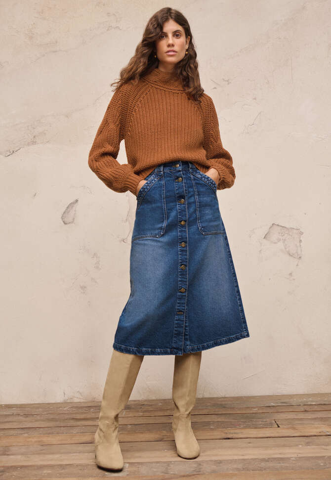 Denim button-front skirt, Mid wash, completeTheLook