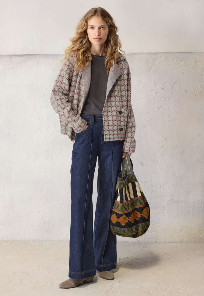 Knitted check jacket, Fawn burgundy, completeTheLook