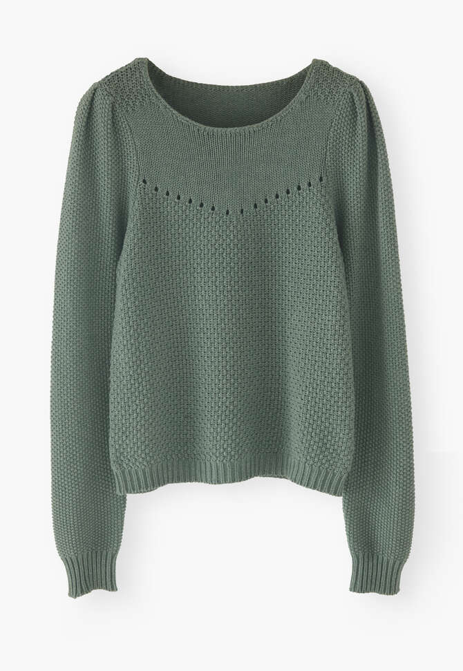 Stitch-mixing pointelle sweater, Jewel green, completeTheLook