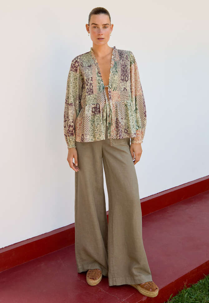 Tie-front printed blouse, Ivory plum, completeTheLook