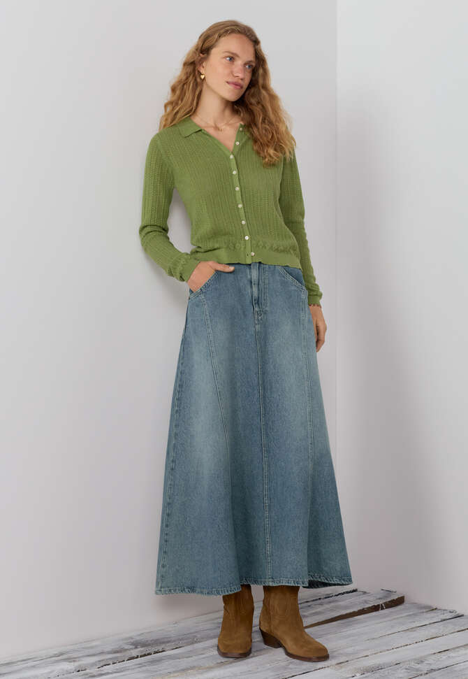 Lace-stitch collared cardigan, Leaf green, completeTheLook