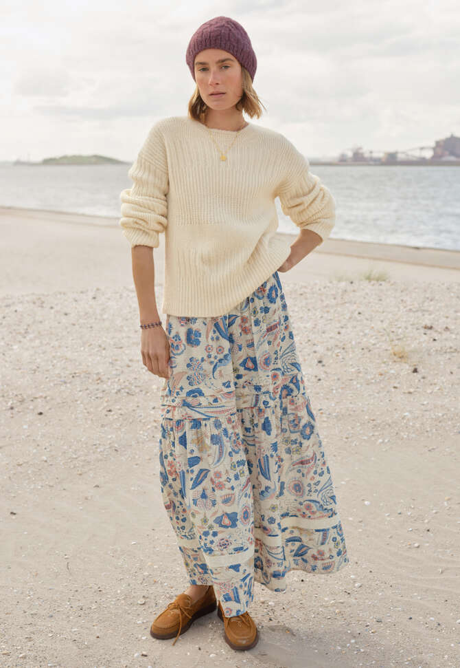 Tiered printed skirt, Ecru denim, completeTheLook