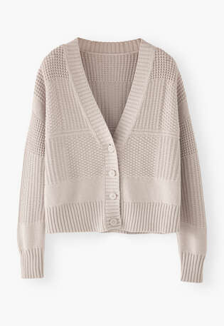 Stitch-mixing cardigan, Dove, webstill