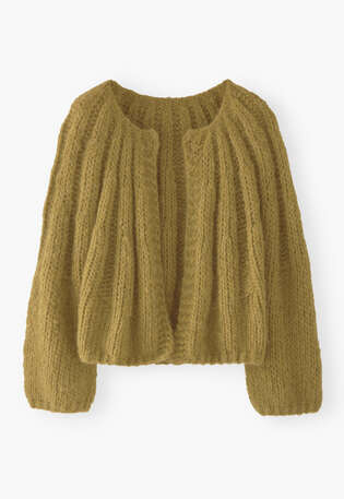 Hand-knit cardigan, Olive ochre, webstill