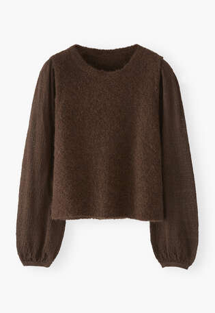 Pointelle-sleeve sweater, Dark chocolate, webstill