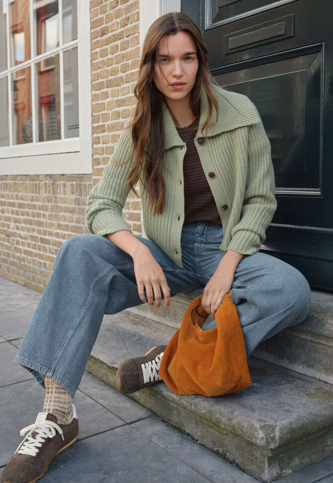 Rib-stitch collared cardigan, Sage, completeTheLook