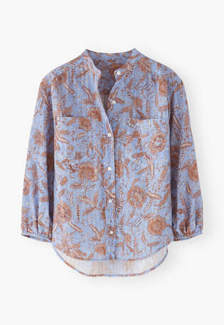 Collarless printed blouse, Periwinkle tan, webstill