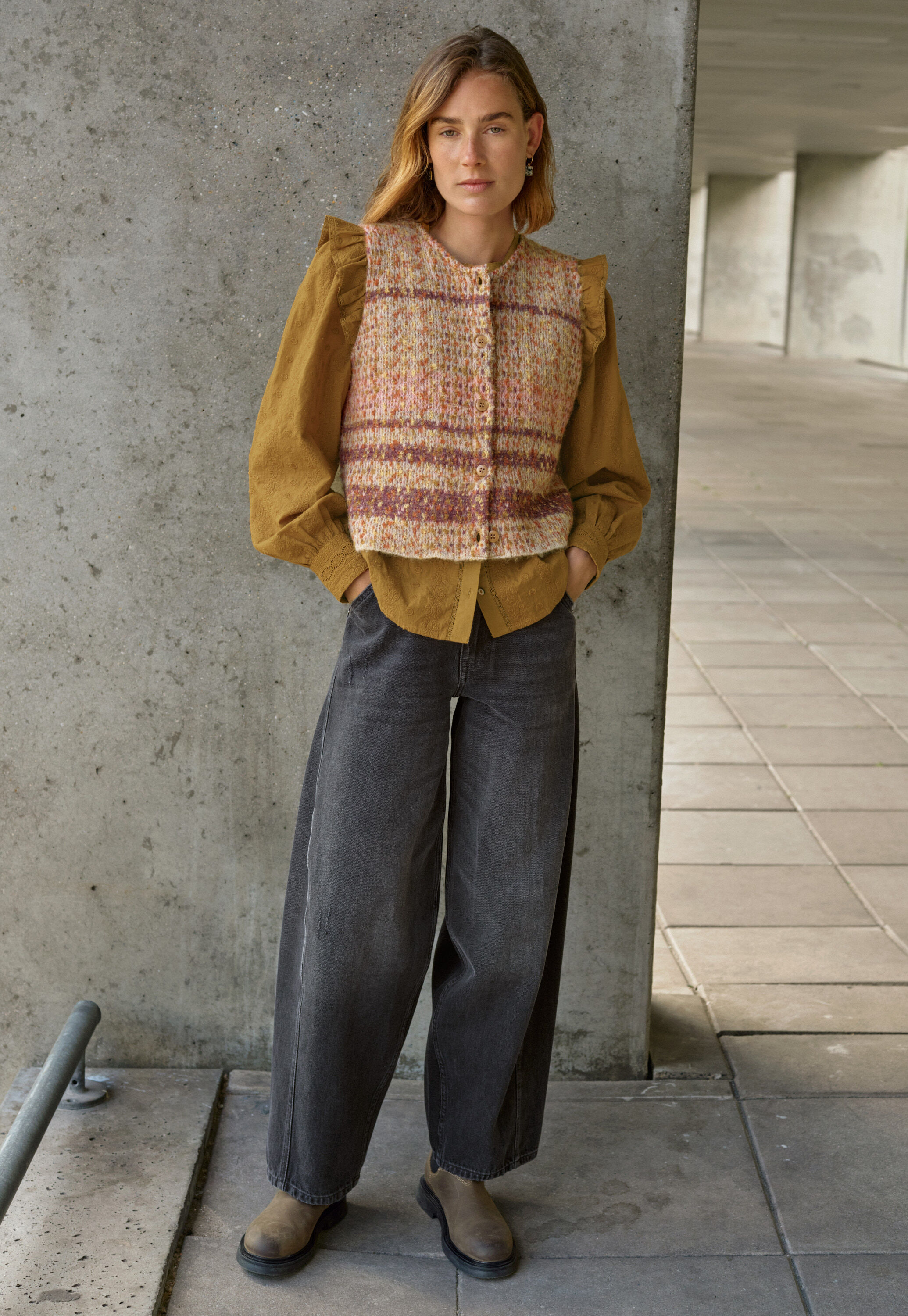 Check knitted gilet, Warm sunset, large