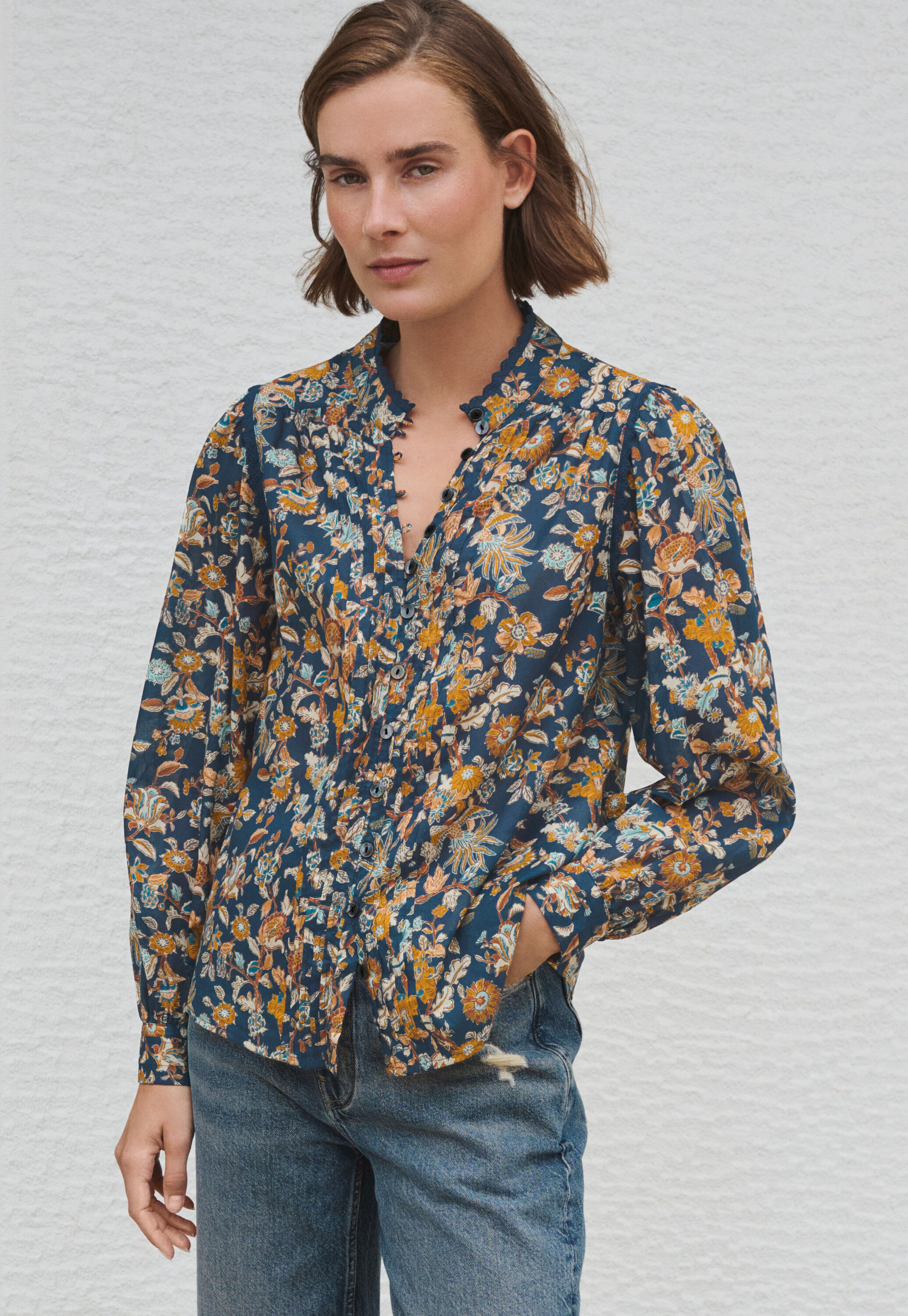 Printed pleat-detail blouse, Indigo ochre, large