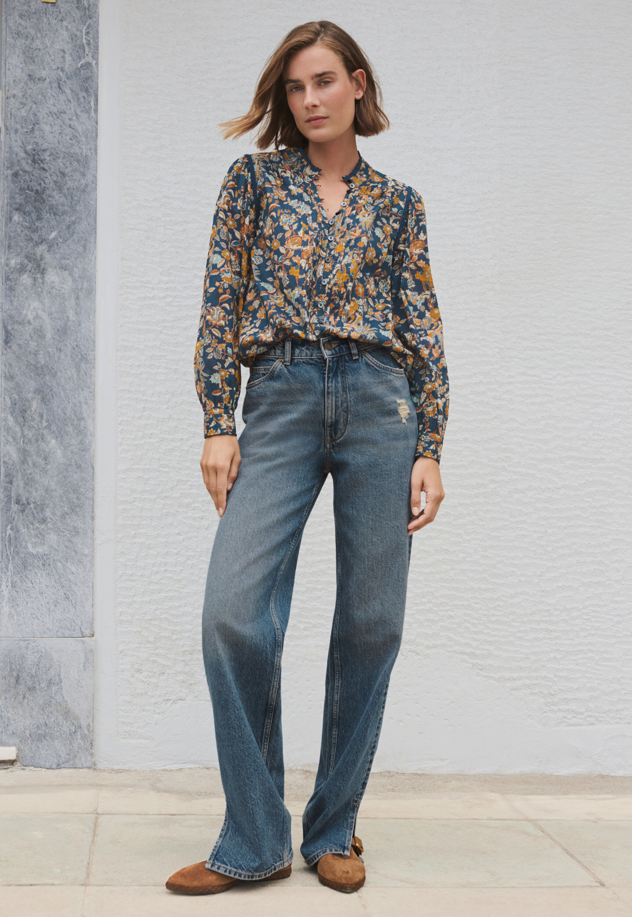 Printed pleat-detail blouse, Indigo ochre, large