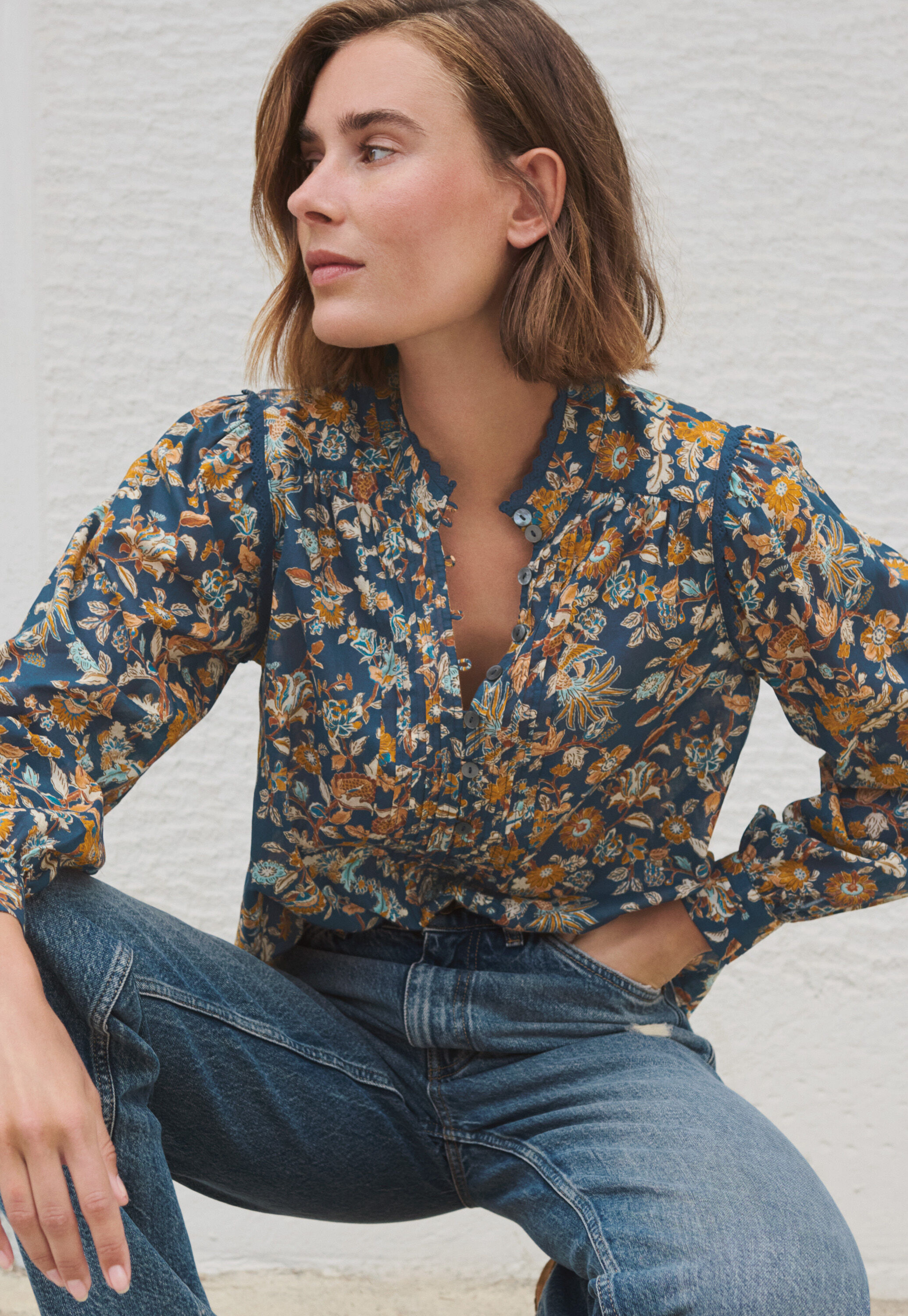 Printed pleat-detail blouse, Indigo ochre, large
