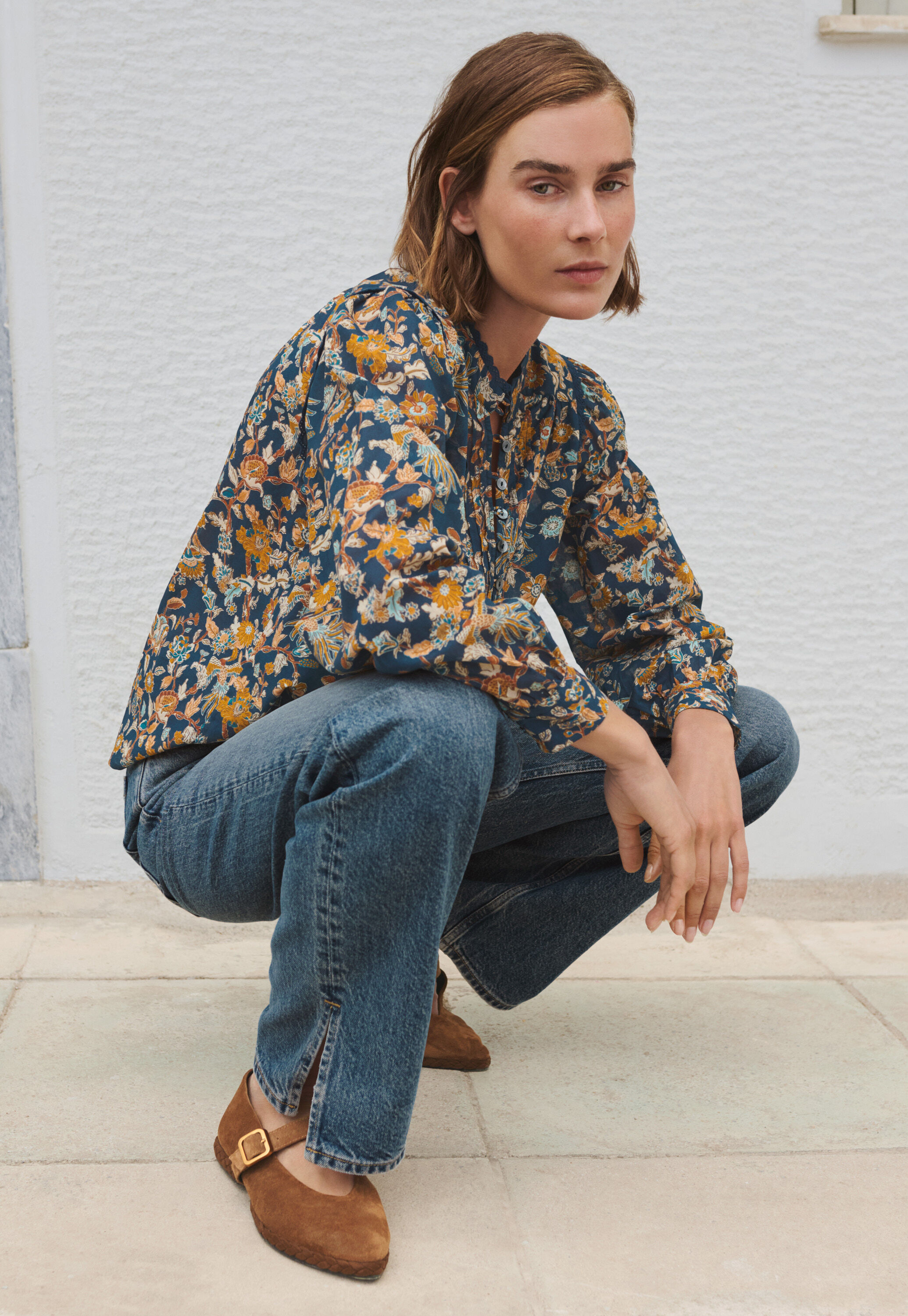 Printed pleat-detail blouse, Indigo ochre, large