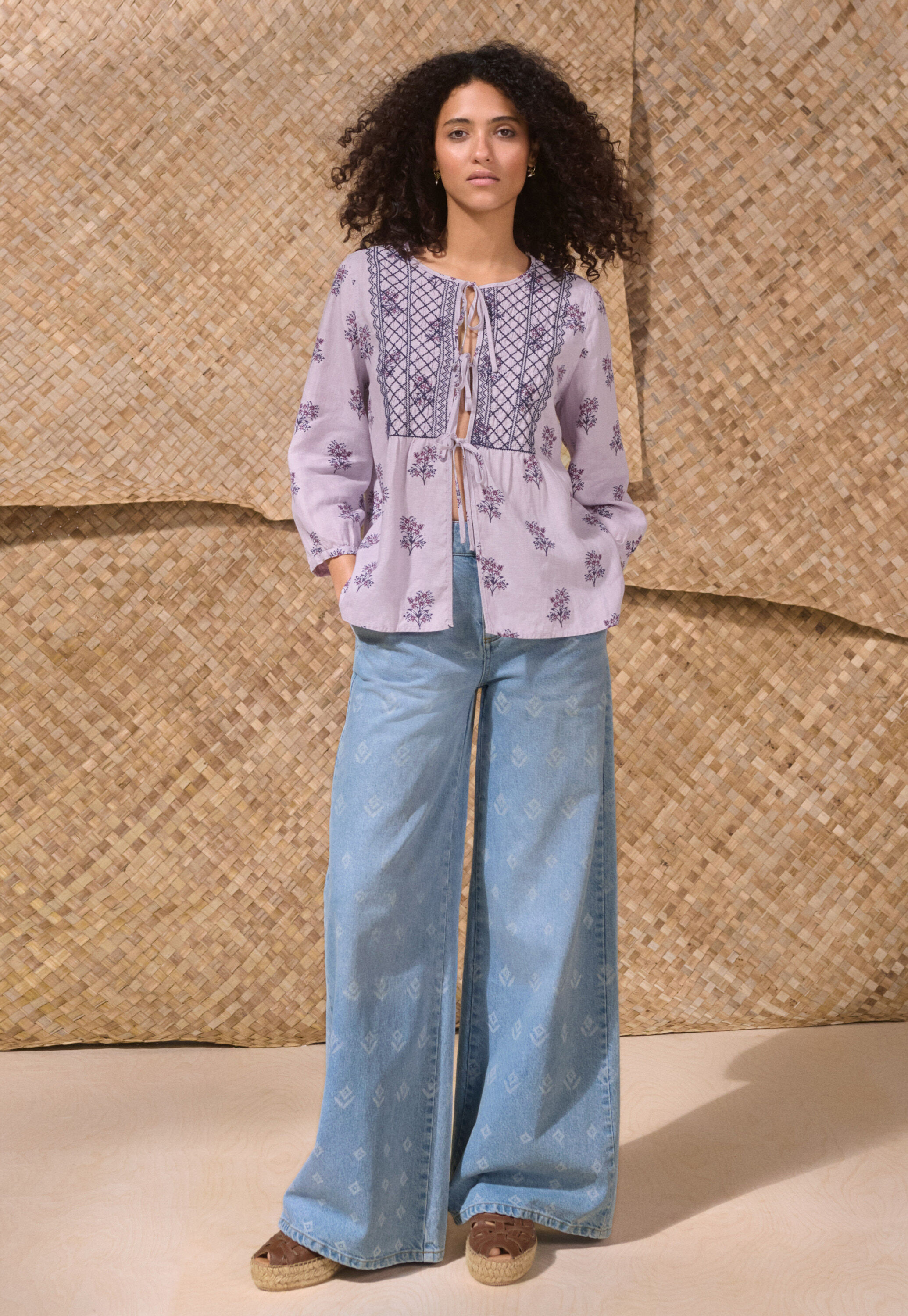 Tie-front print blouse