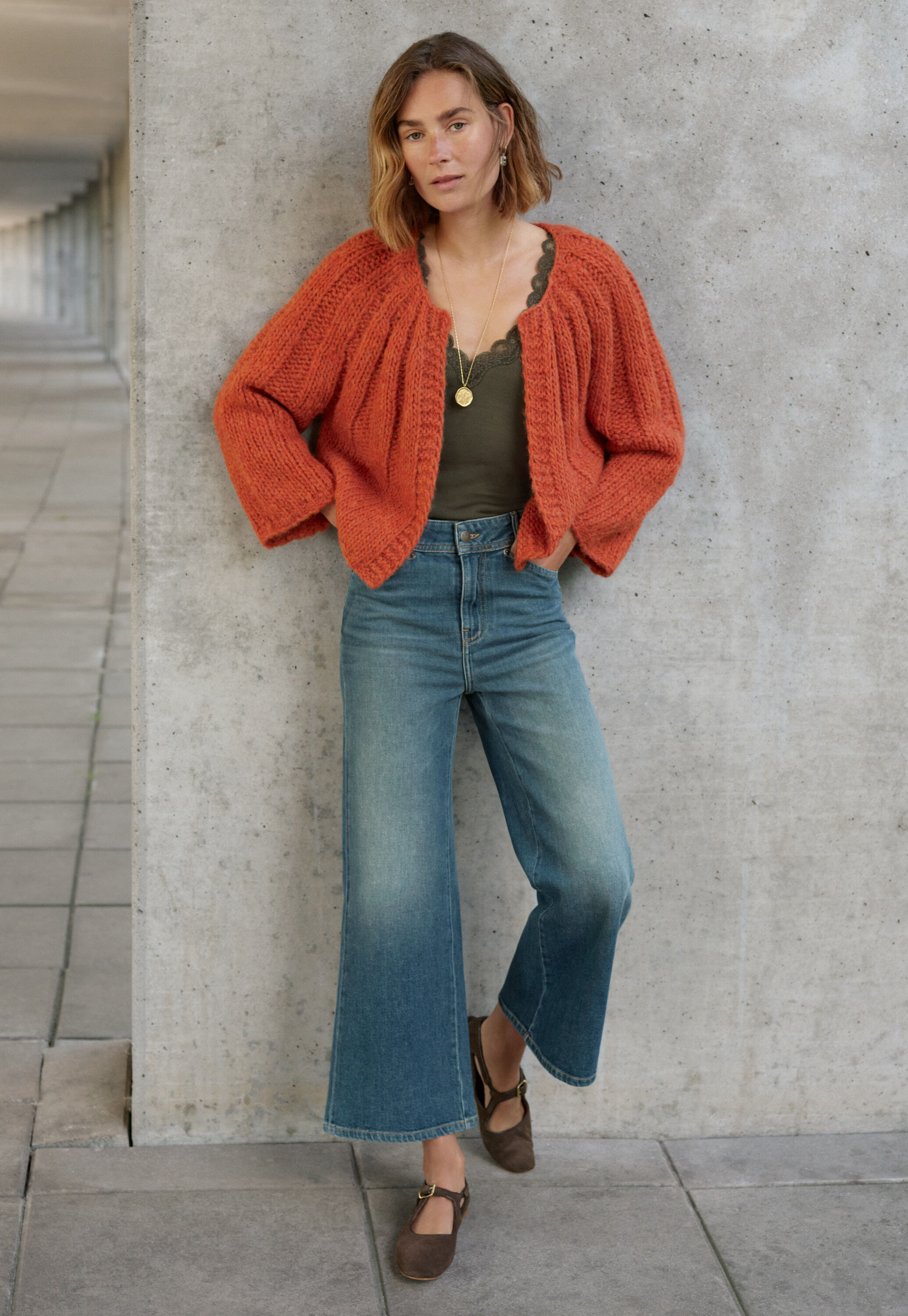 Hand-knit cardigan, Chilli orange, large
