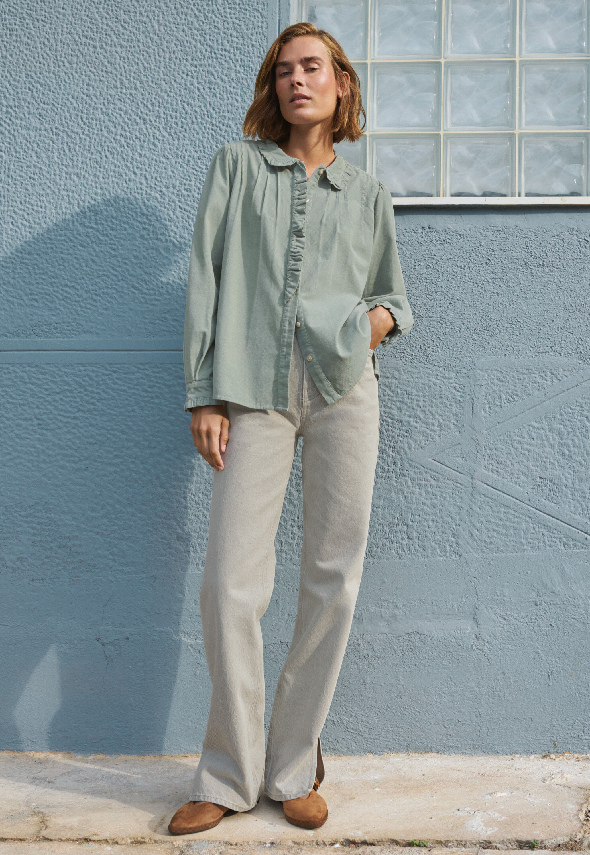 Cord pleated blouse, Dusty duck egg, large