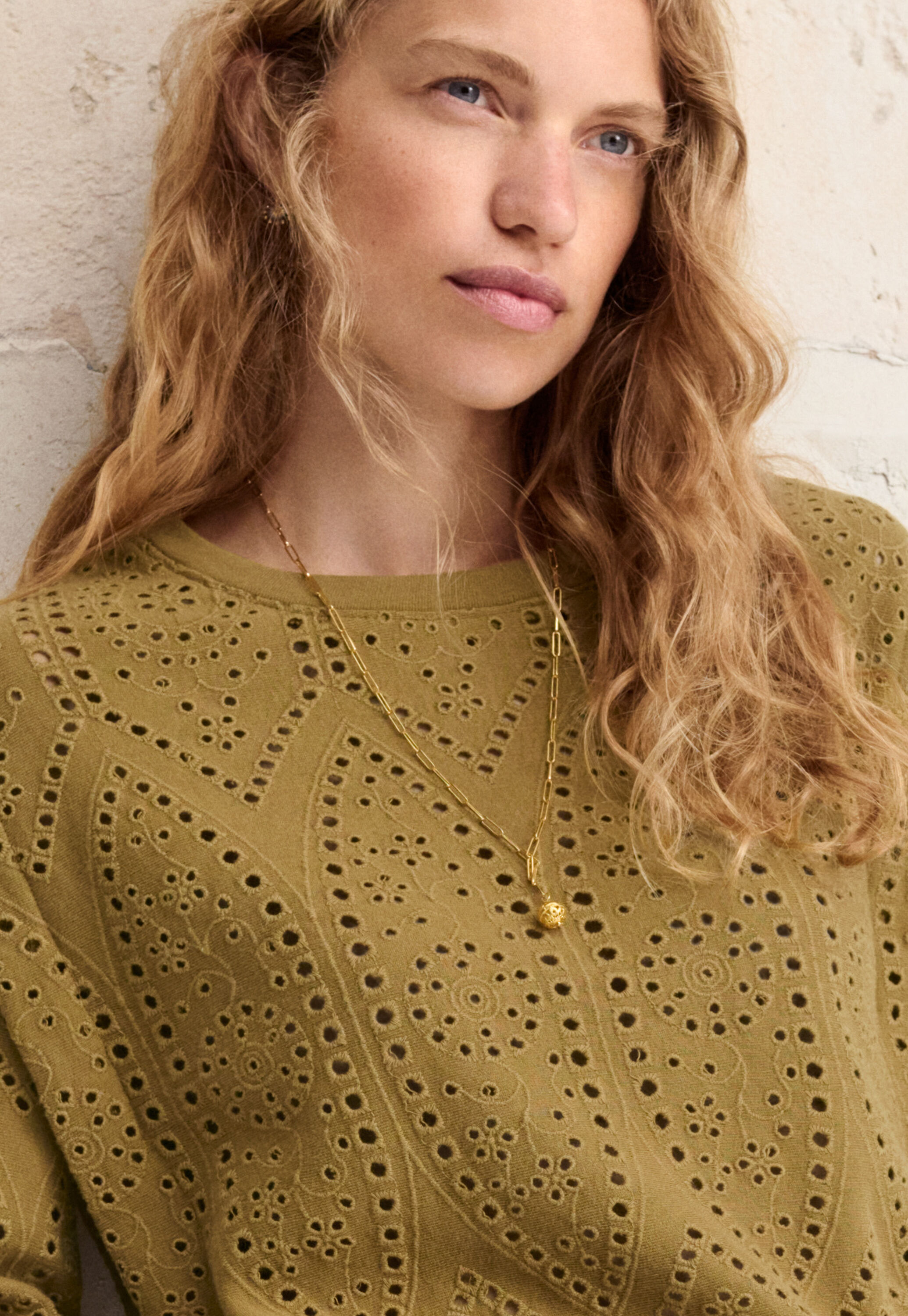 Broderie top, Golden olive, large