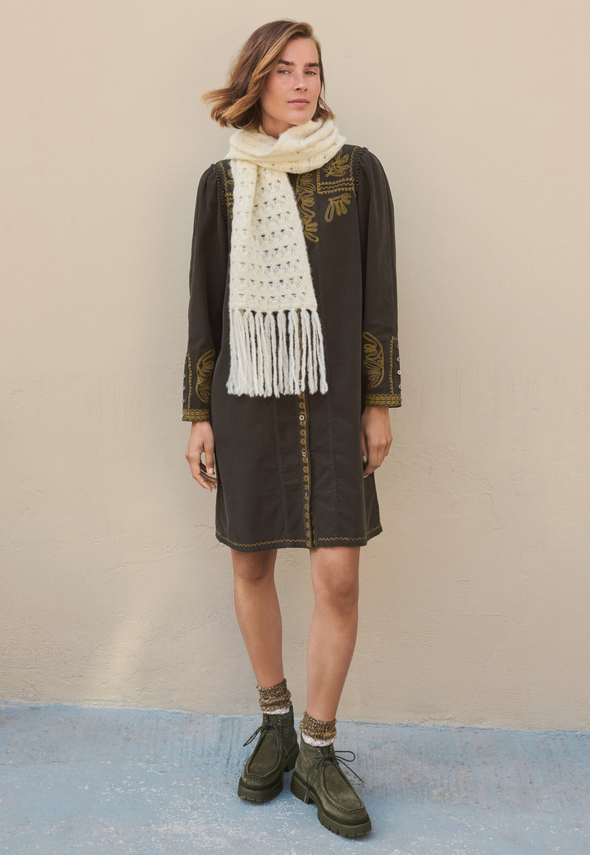 Embroidered cord shift dress
