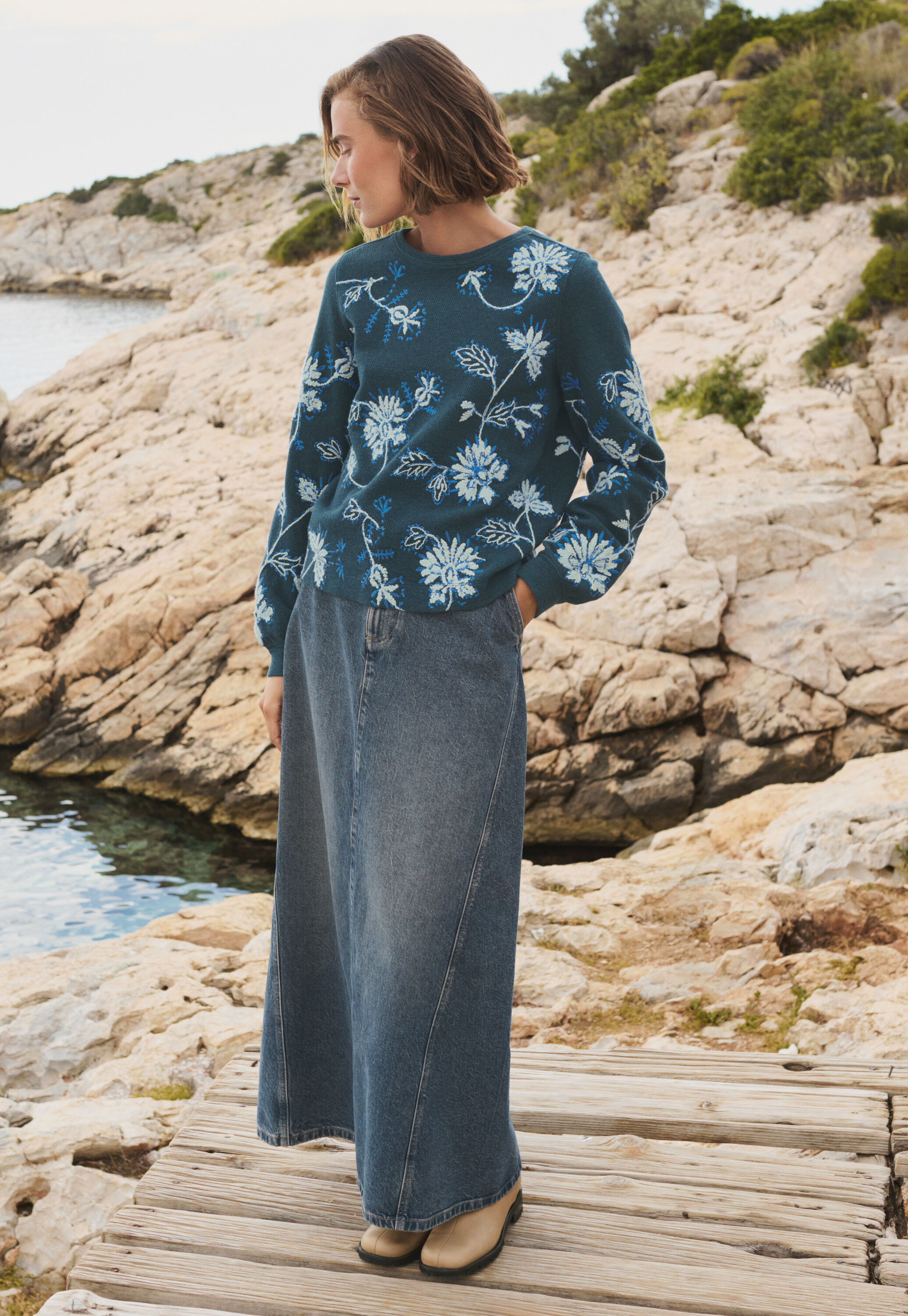 Darted denim skirt