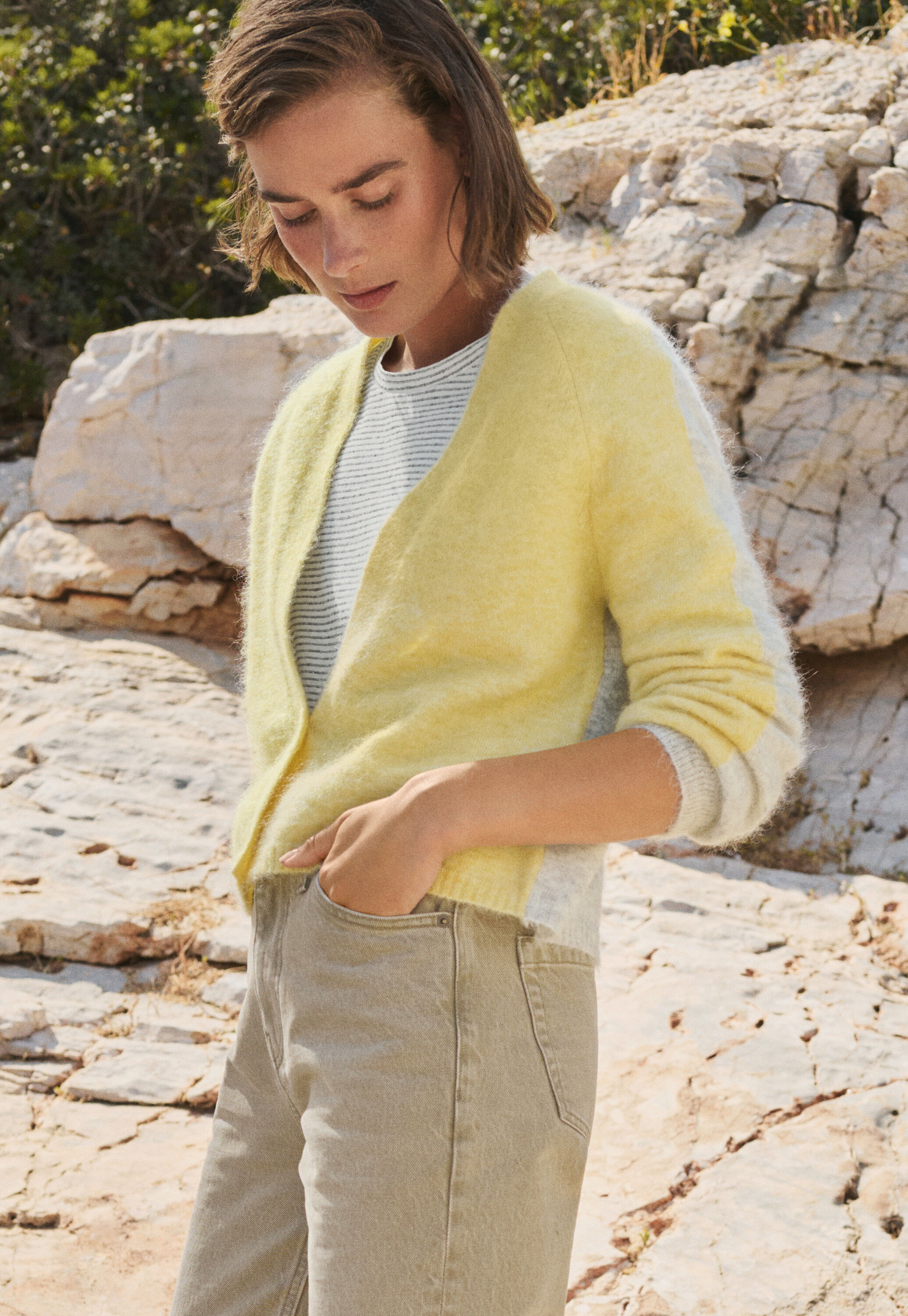 V-neck cardigan, Lemon grey, large