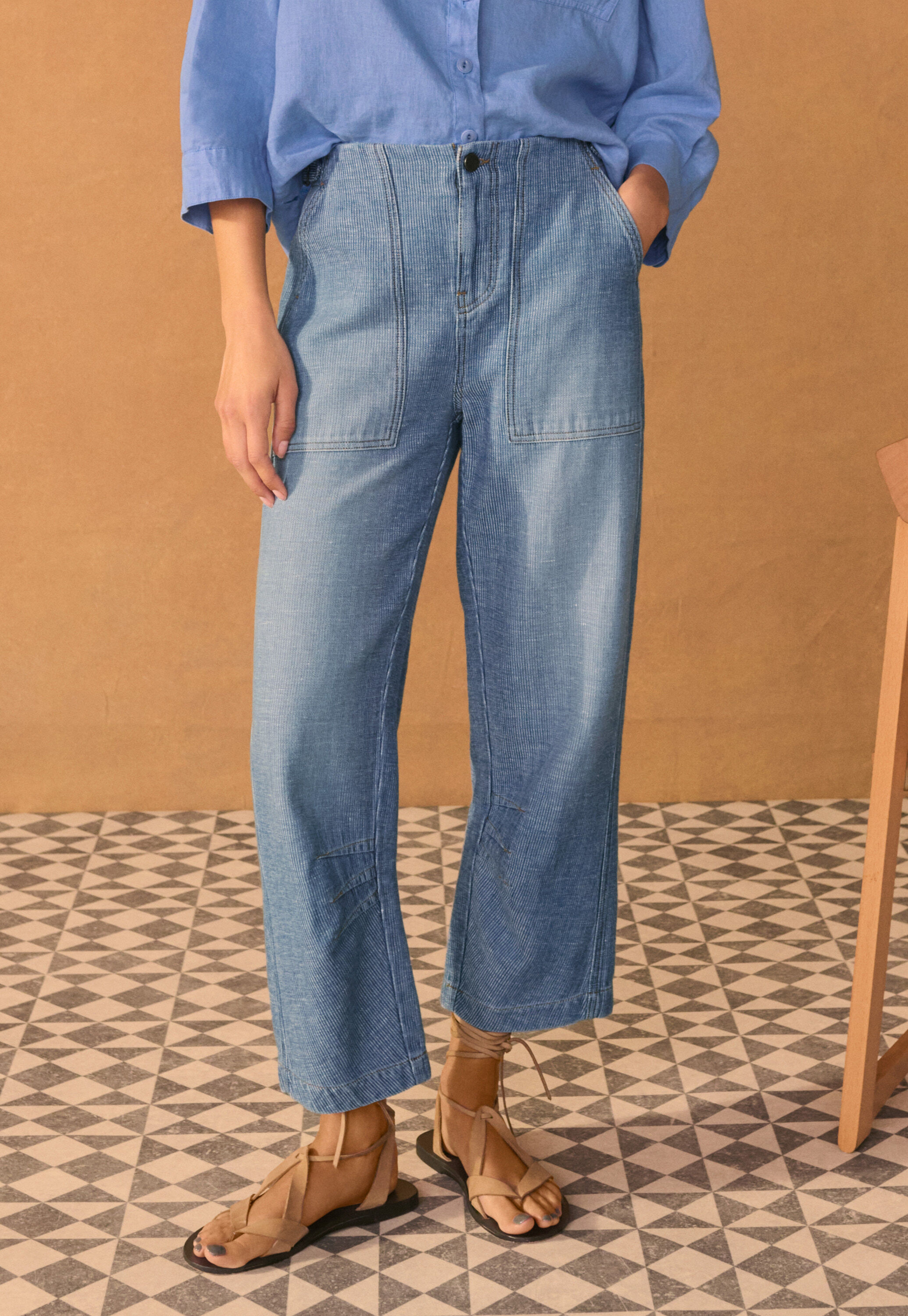 Barrel-leg striped trousers, Light wash, large