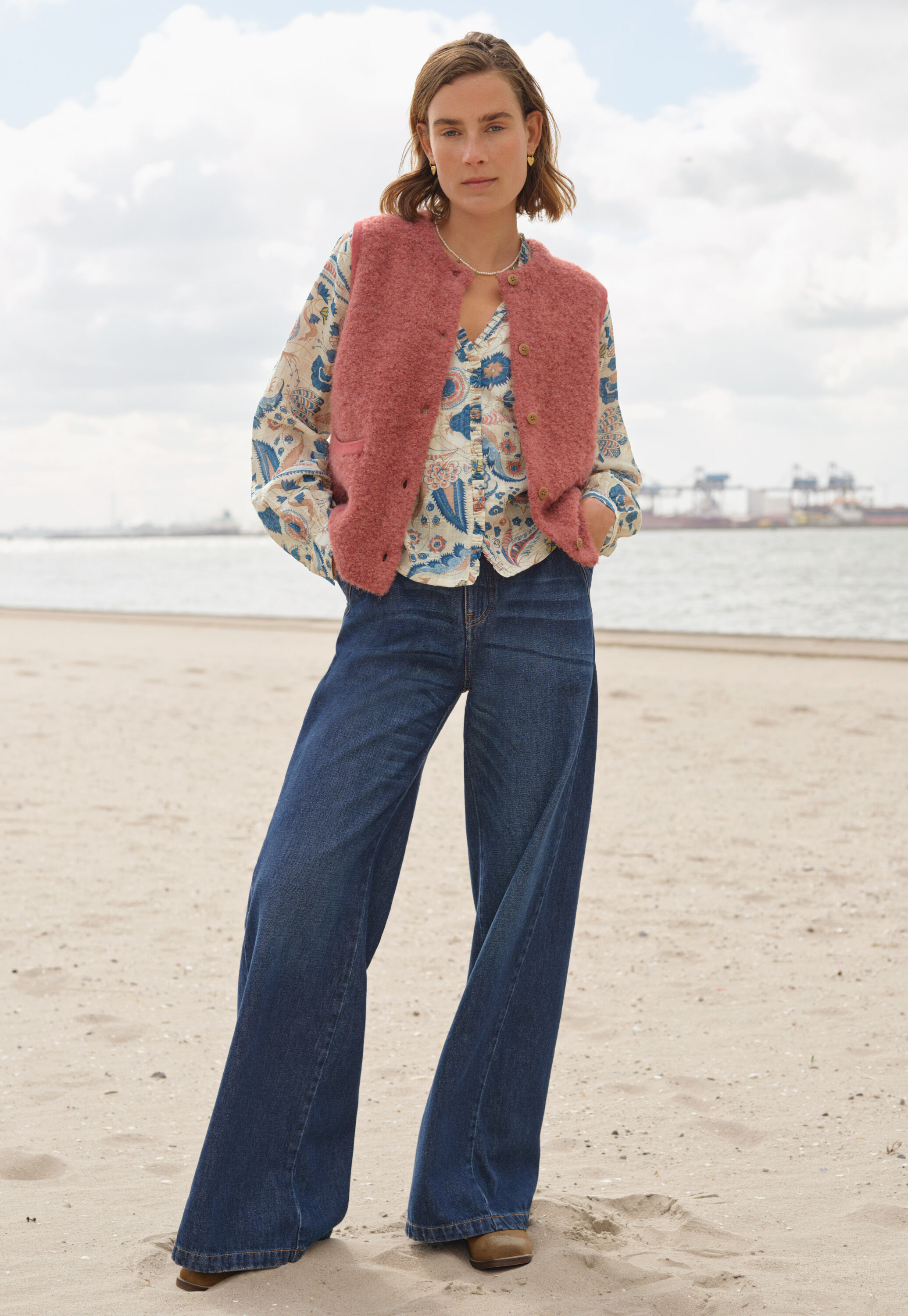 Printed blouse, Ecru denim, large