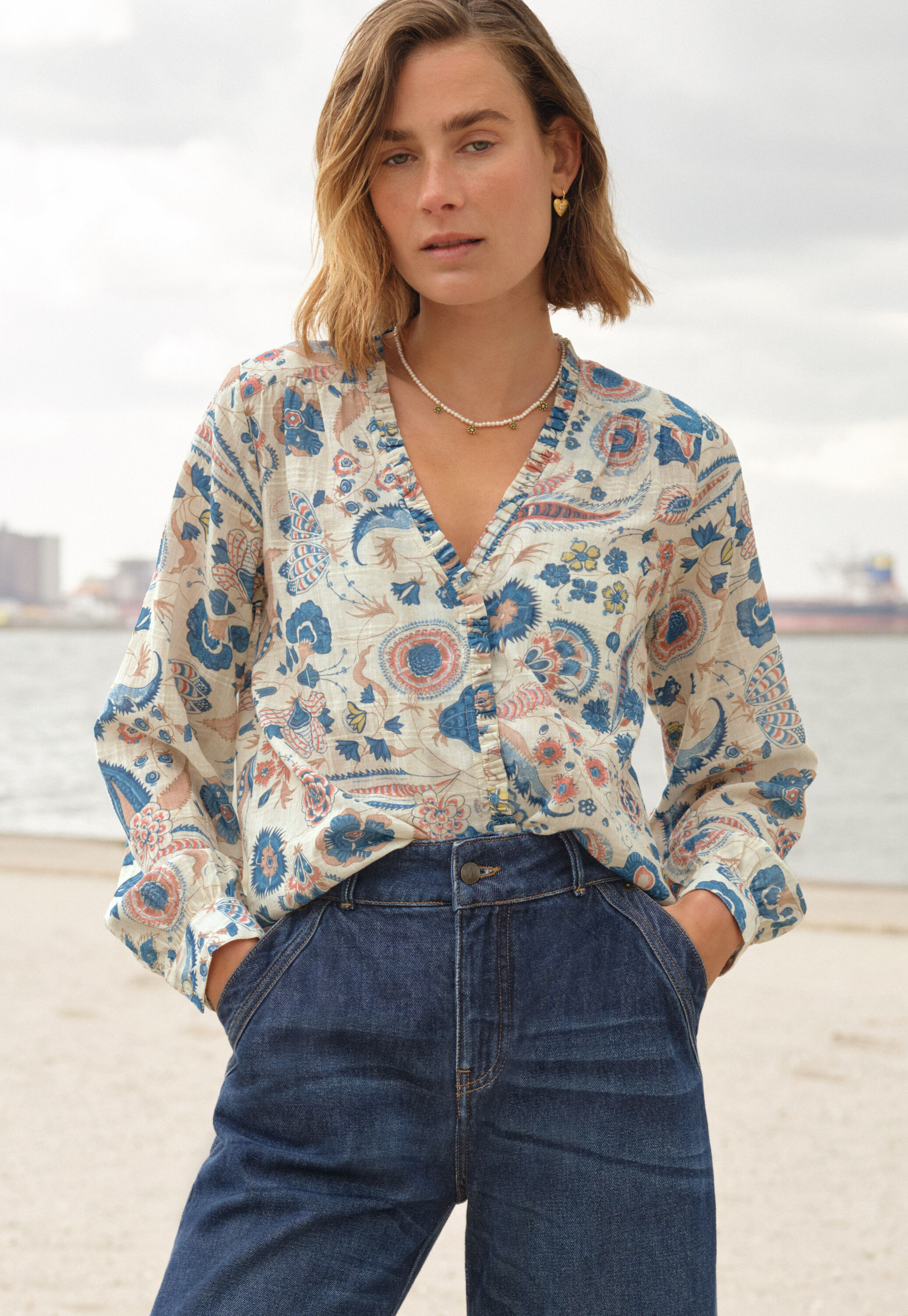 Printed blouse, Ecru denim, large