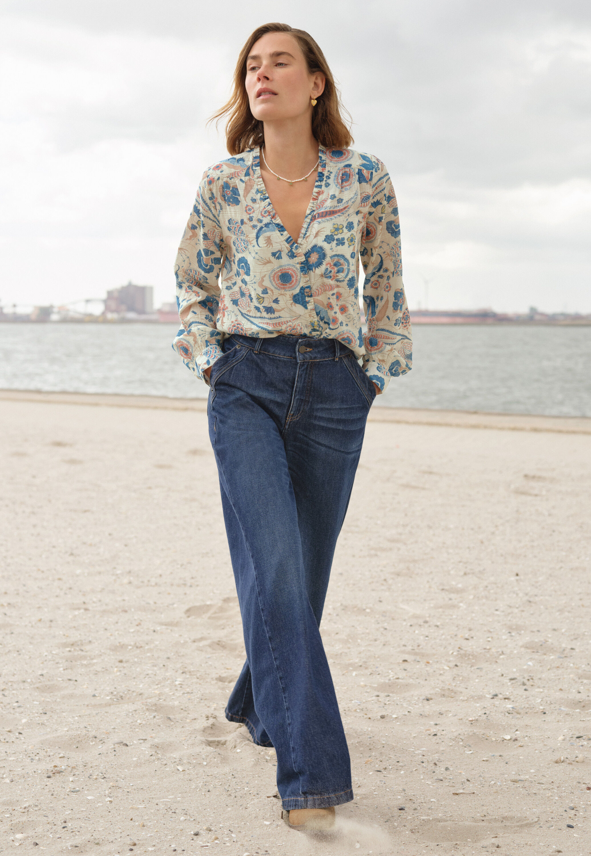 Printed blouse, Ecru denim, large