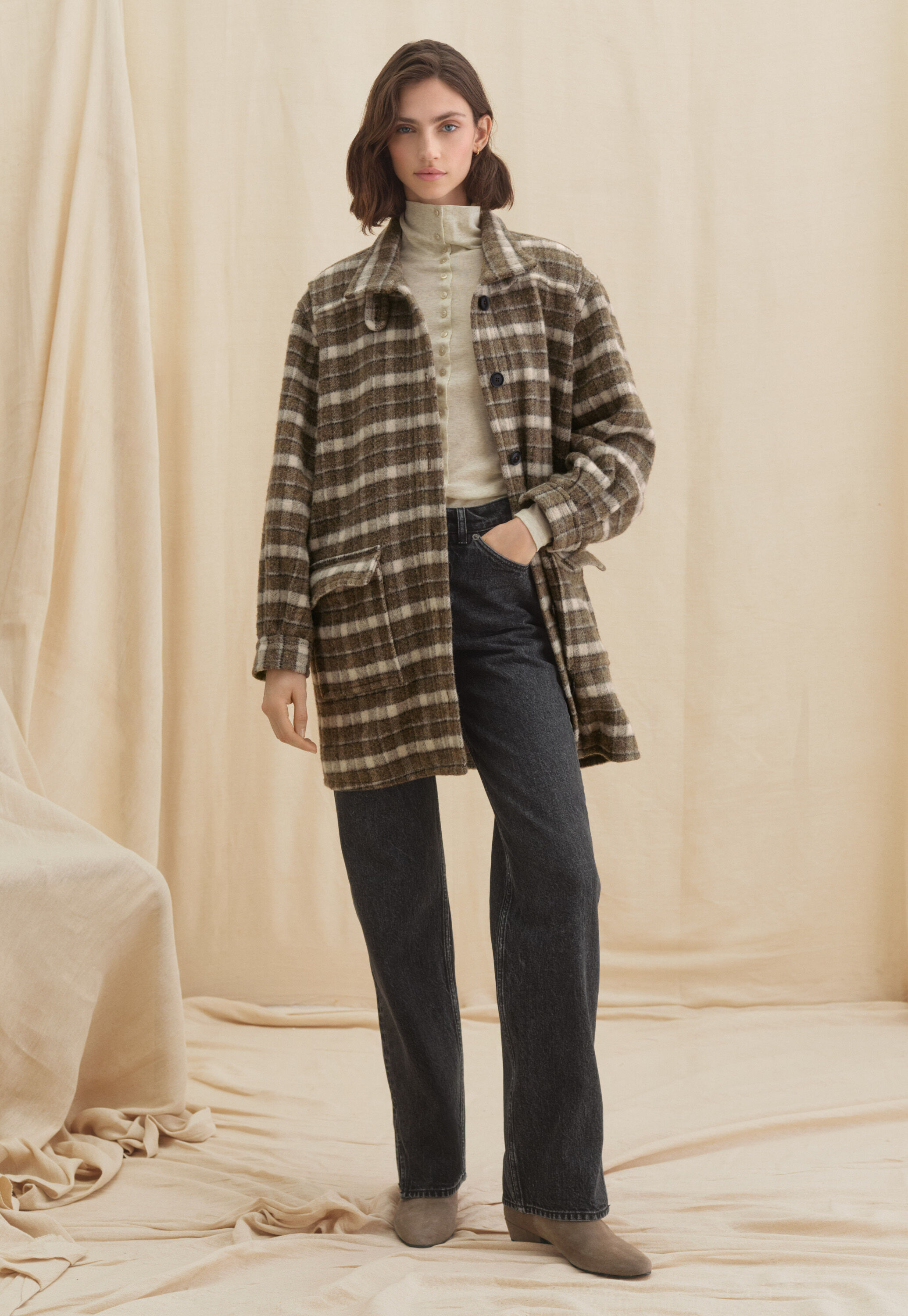 Checked coat, Olive brown, large
