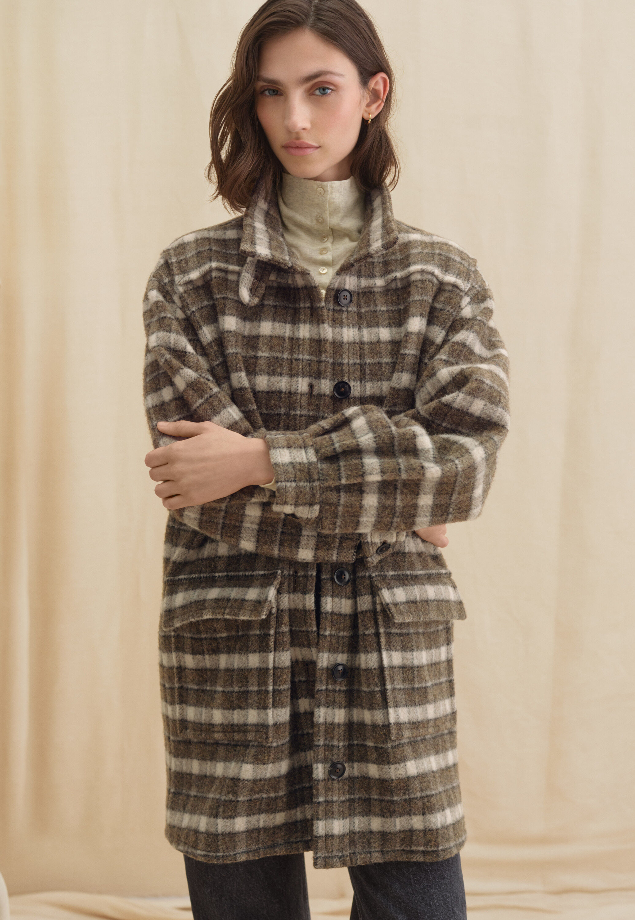 Checked coat, Olive brown, large