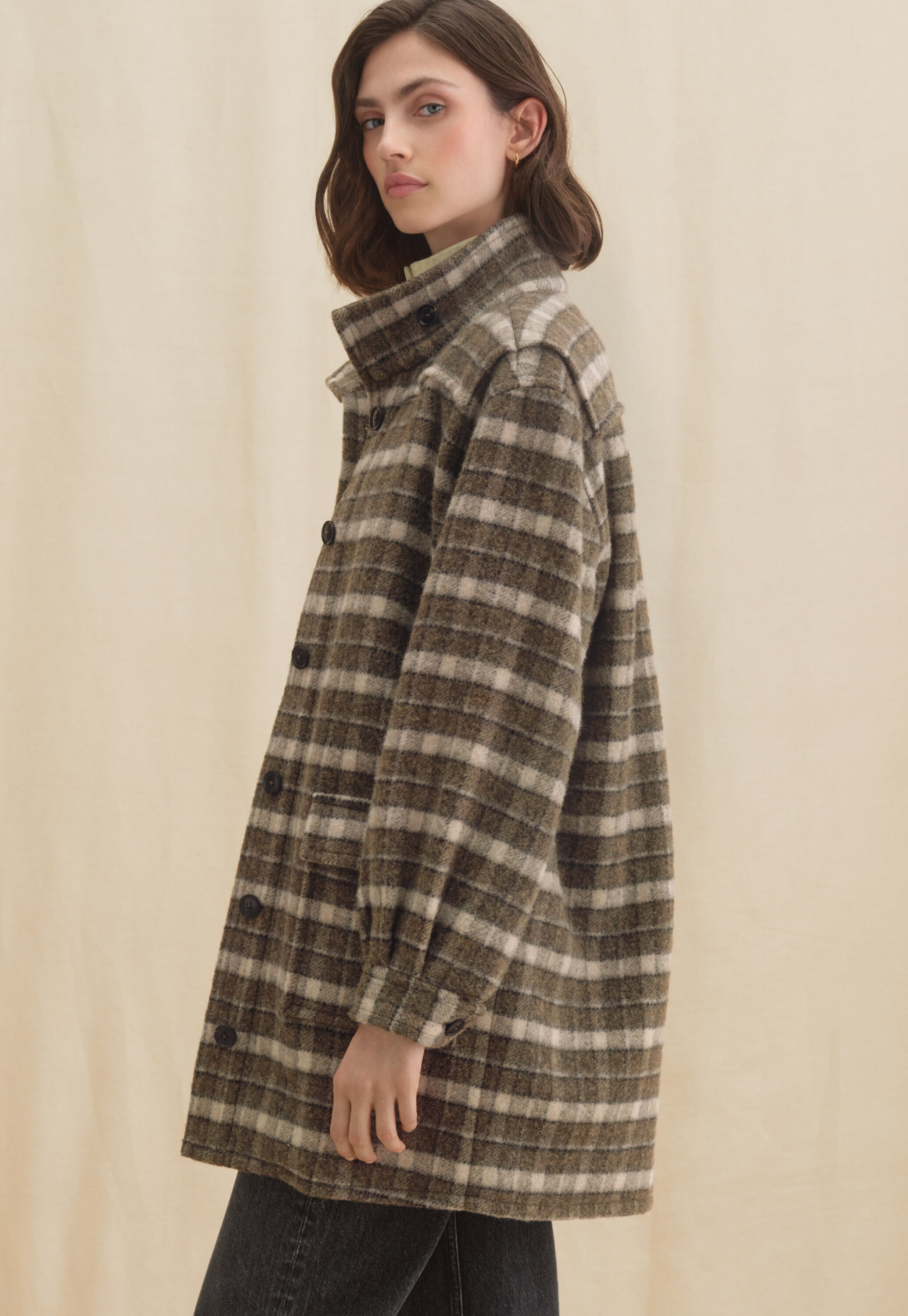 Checked coat, Olive brown, large