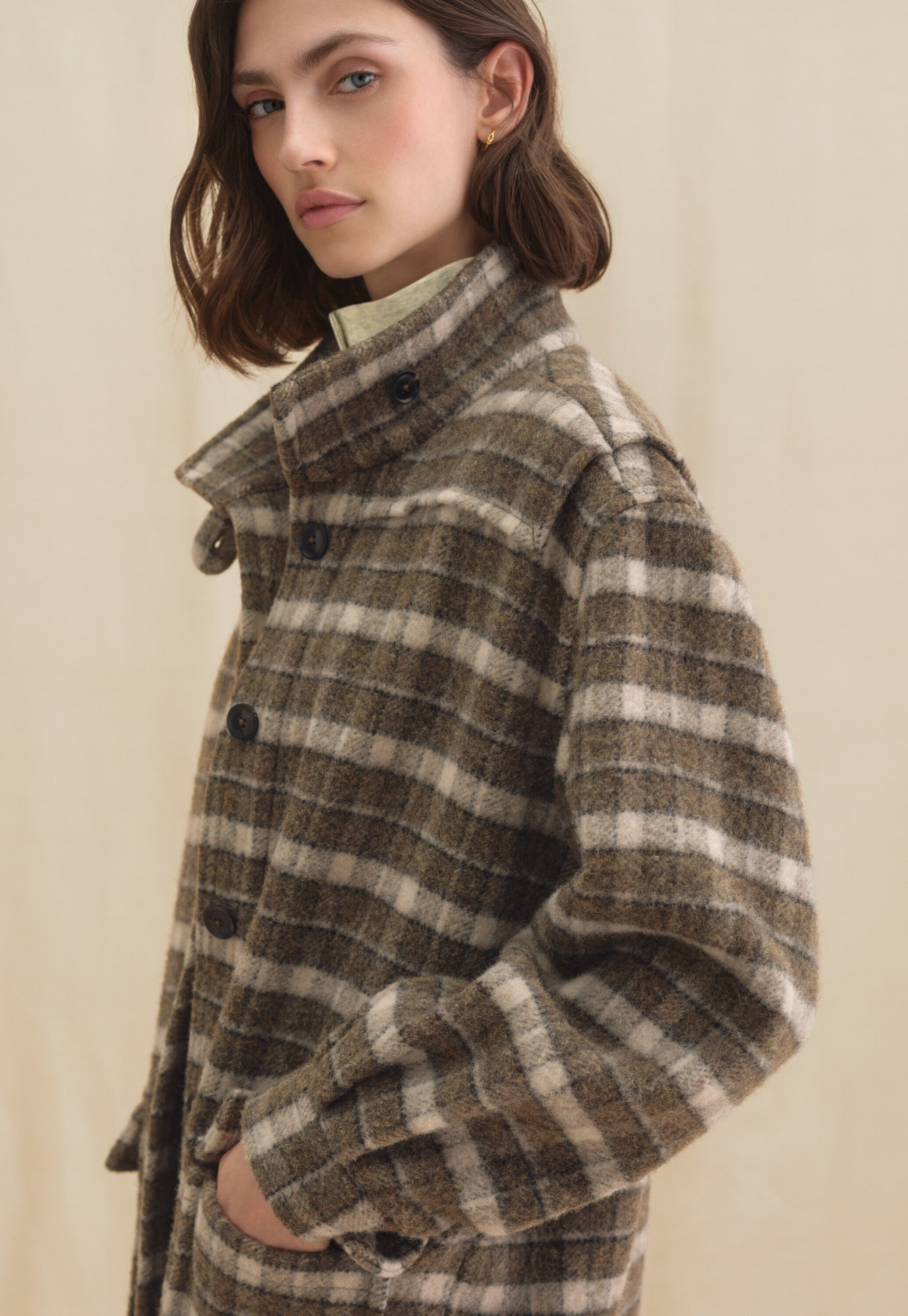 Checked coat, Olive brown, large