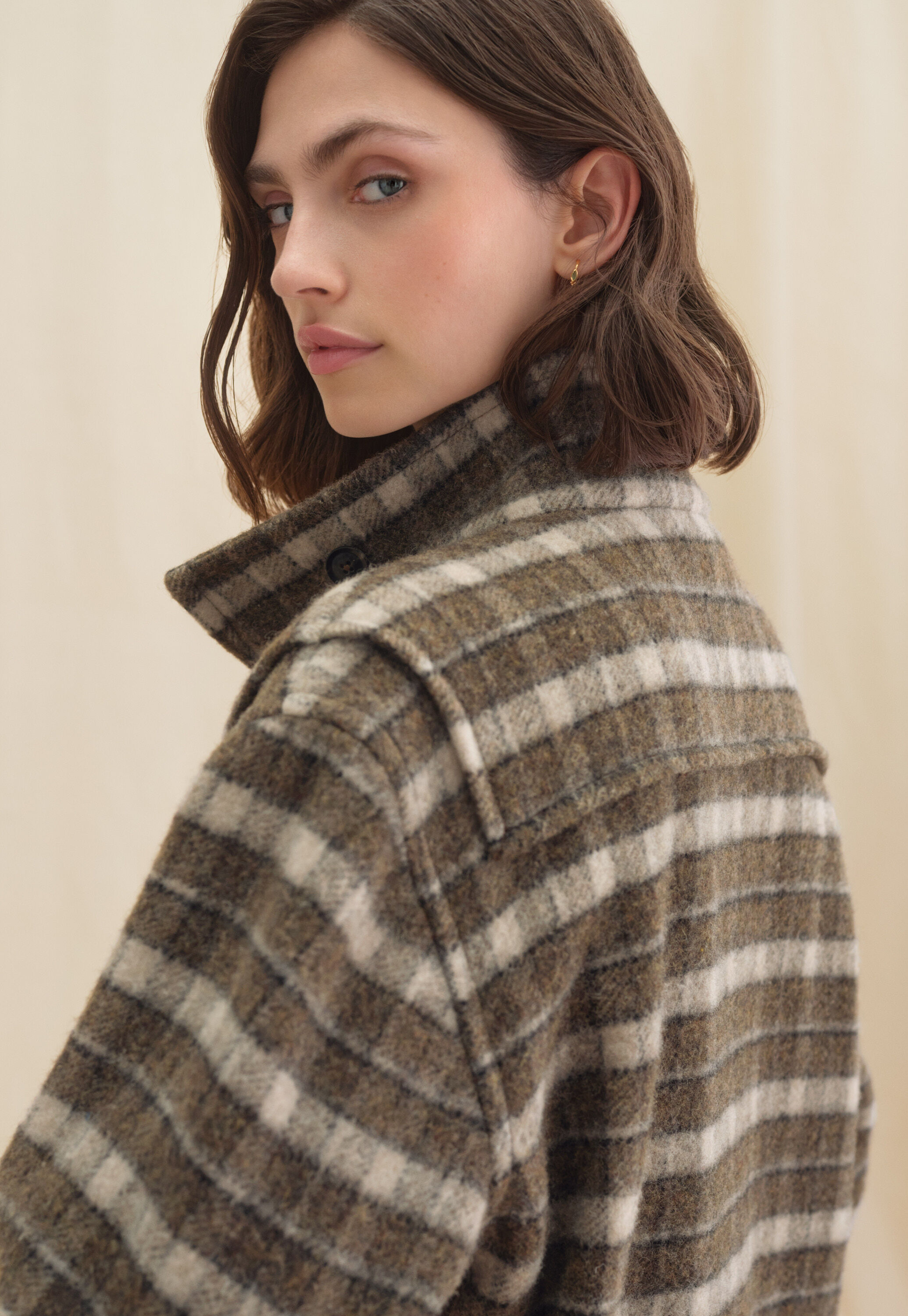 Checked coat, Olive brown, large