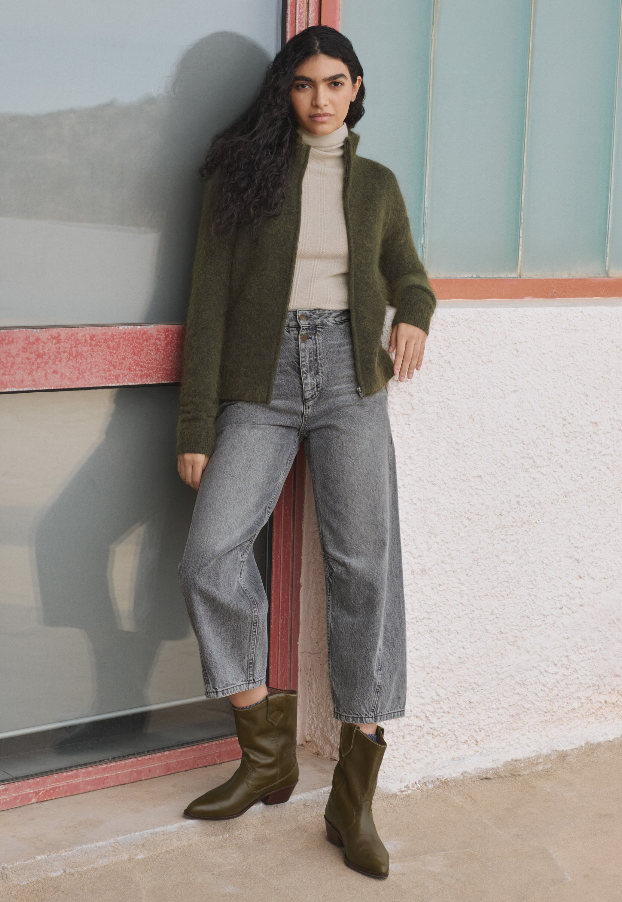 Zip-up sweater, Dark olive, large